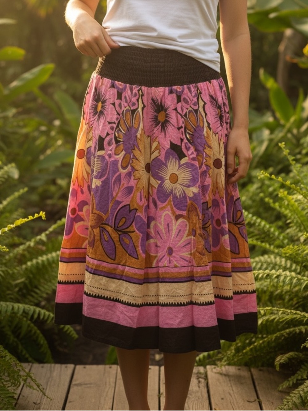 J Gee Floral Patterned Brown and Pink Midi Skirt Size Large